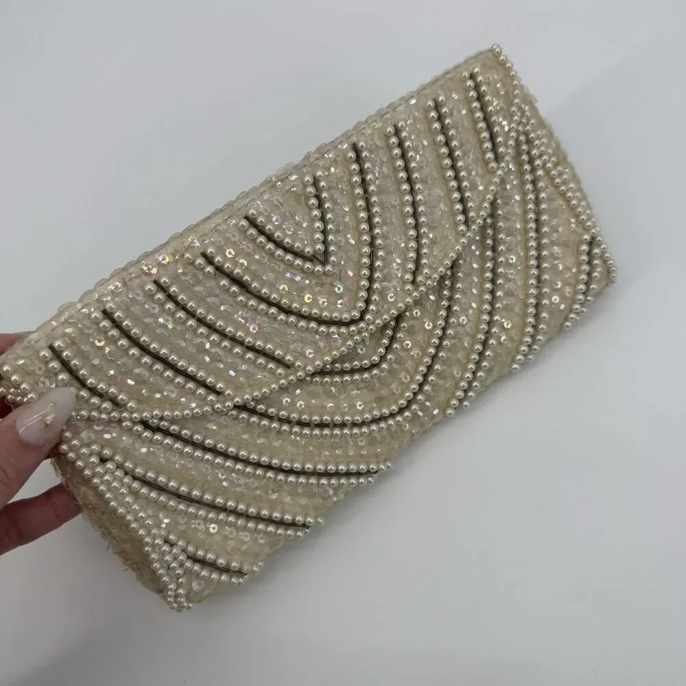 Bonsoir Vintage Beaded Clutch Bag Evening Bag Satin Glam Bridal